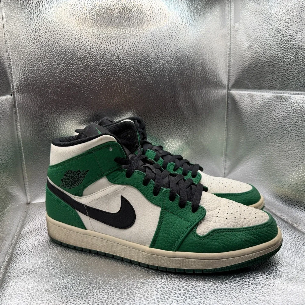 Size 12 Nike‎ Air Jordan 1 Mid Leather Pine Green Mens Sneaker Shoes 852542-301